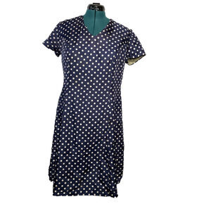 Vintage 1960s Navy Blue Polka Dot Sheath Dress with Metal Zipper – Size 20
